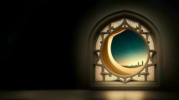 3d rendere di d'oro mezzaluna Luna dentro islamico finestra e copia spazio. islamico religioso concetto. foto