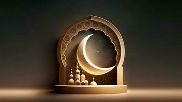 3d illustrazione di mezzaluna Luna con moschea su islamico podio o palcoscenico. islamico religioso concetto. foto