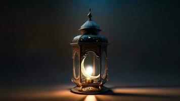 realistico illuminato Arabo lanterna su buio sfondo. islamico religioso concetto. 3d rendere. foto