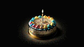 3d rendere di realistico colorato spruzzatori torta con illuminato candela su nero sfondo. foto