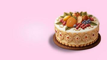 3d rendere, realistico bellissimo torta decorato con frutta. foto
