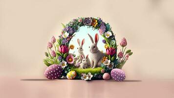 3d rendere di coniglio famiglia personaggio contro circolare floreale telaio con uova su pastello rosa sfondo. contento Pasqua giorno concetto. foto