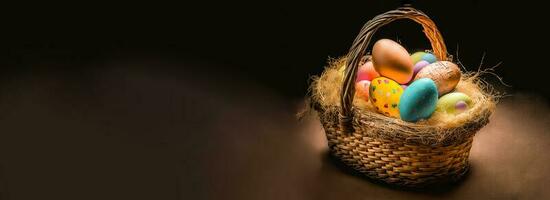 3d rendere di raggiante colorato Pasqua uova cestino su Marrone di legno struttura sfondo e copia spazio. contento Pasqua giorno concetto. foto