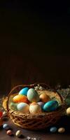 3d rendere di raggiante colorato Pasqua uova cestino con floreale ramo su Marrone di legno struttura sfondo e copia spazio. contento Pasqua giorno concetto. foto