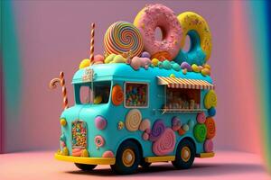 3d rendere, fantasia colorato cibo camion di caramella terra contro colorato sfondo. foto