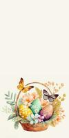 illustrazione di carino farfalla personaggi con Pasqua uova floreale cestino e copia spazio. contento Pasqua giorno concetto. foto