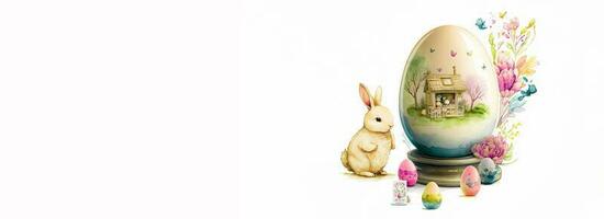 illustrazione di paesaggio Casa nel uovo forma cristalleria con fiori, farfalla e coniglio personaggio e copia spazio. contento Pasqua giorno concetto. foto