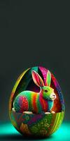 3d rendere di colorato roditore coniglio personaggio seduta dentro uovo contro turchese e verde sfondo e copia spazio. contento Pasqua giorno concetto. foto