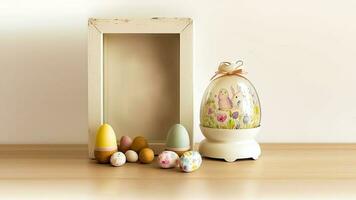 3d rendere di vuoto telaio con Pasqua uovo forme contro pastello Marrone di legno struttura sfondo e copia spazio. contento Pasqua giorno concetto. foto