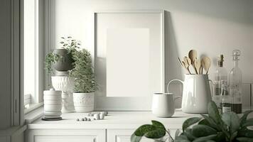 avvicinamento di minimalista cucina interno con utensili, pianta pentole e vuoto telaio modello. 3d composizione. foto