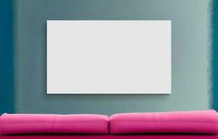 3d rendere di vuoto tela o manifesto modello su blu parete e rosa pelle divano. foto