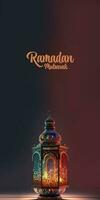 Ramadan mubarak verticale bandiera design con realistico scintillante Arabo lampada, 3d rendere. foto