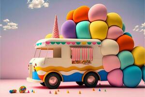 3d rendere, fantasia colorato cibo camion di terra di dolciumi su rosa e blu sfondo. foto