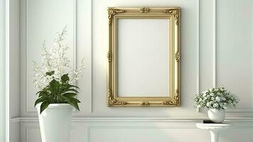 3d rendere di vuoto d'oro Vintage ▾ telaio modello su interno parete pannelli e pianta pentole. foto