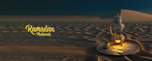 Ramadan mubarak bandiera design con 3d rendere, illuminato squisito Arabo lampada con tazza e piatto su sabbia duna sfondo. foto