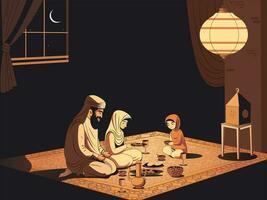 arabo famiglia personaggio godendo delizioso pasti insieme su tappeto e soffitto lampada nel notte volta. islamico Festival concetto. foto