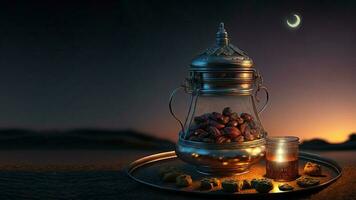 3d rendere di Arabo date brocca con illuminato lanterna su piatto nel cresent Luna notte sfondo. islamico religioso concetto. foto