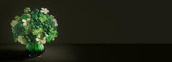 3d rendere di verde e bianca trifoglio pianta pentola su nero sfondo. st. Patrick giorno concetto. foto
