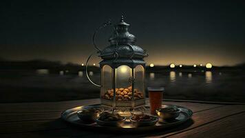 3d rendere di Arabo date brocca con bicchiere e ciotola su argento piatto e realistico Woode sfondo. islamico religioso concetto. foto