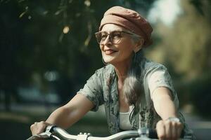 adulto donna anziano bicicletta. creare ai foto