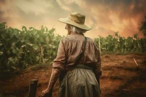 contadino vecchio donna azienda agricola campo. creare ai foto