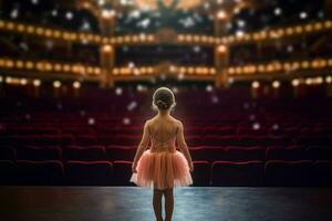 ballerina piccolo ragazza Teatro palcoscenico. creare ai foto