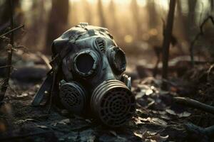gas maschera vecchio foresta. creare ai foto