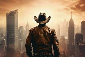 cowboy selvaggio ovest grattacieli tramonto. creare ai foto