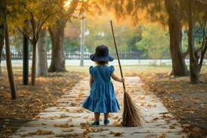 addetto alle pulizie bambino scopa pulito parco. creare ai foto