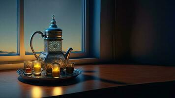 3d rendere di Arabo brocca con bicchiere su argento vassoio e copia spazio. islamico religioso concetto. foto