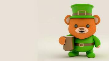 3d rendere di fata orsacchiotto orso Tenere boccale su beige sfondo e copia spazio. st. Patrick giorno concetto. foto