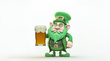 3d rendere di fata uomo personaggio Tenere birra bicchiere e copia spazio. st. Patrick giorno concetto. foto