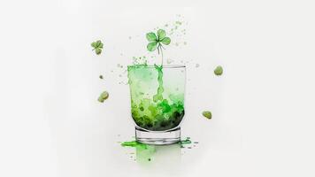 3d rendere di spruzzi verde cocktail bevanda bicchiere con trifoglio le foglie e copia spazio. st patricks giorno concetto. foto