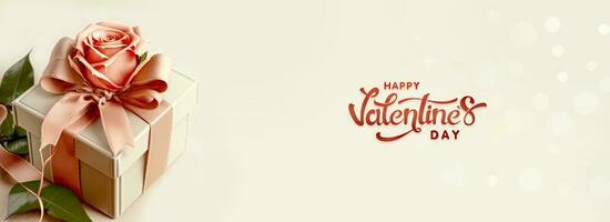 contento San Valentino giorno testo con 3d rendere di morbido colore regalo scatola con rosa. foto