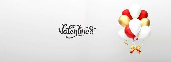 contento San Valentino giorno font con lucido realistico palloncini legato con nastro su leggero grigio sfondo. foto