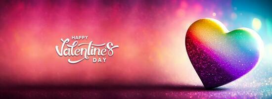 contento San Valentino giorno testo con 3d rendere di brillante colorato glitterato cuore forma su arcobaleno bokeh sfondo. foto