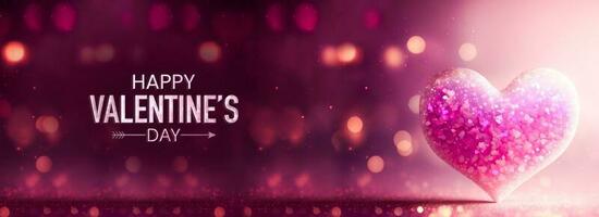 contento San Valentino giorno testo con 3d rendere di brillante rosa glitterato cuore forma su bokeh sfondo. foto