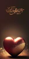contento San Valentino giorno testo con 3d rendere di brillante rame glitterato cuore forma su scintillare leggero sfondo. foto