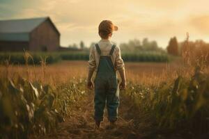 contadino bambino ragazzo azienda agricola campo. creare ai foto