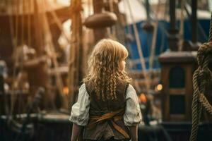 pirata bambino ragazza a bordo pirata nave. creare ai foto