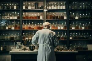 vecchio uomo nel chimico laboratorio. creare ai foto