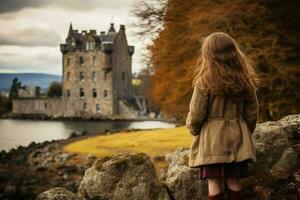 scozzese bambino ragazza Scozzese castello. creare ai foto