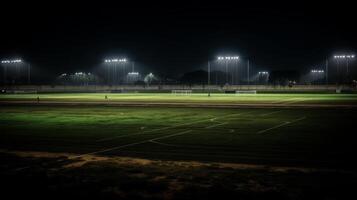 universale erba stadio illuminato di faretti e vuoto verde erba terreno di gioco generativo ai foto