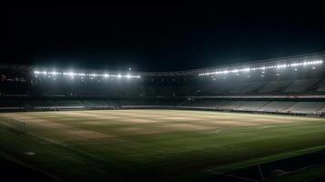 universale erba stadio illuminato di faretti e vuoto verde erba terreno di gioco generativo ai foto