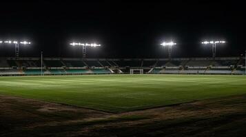 universale erba stadio illuminato di faretti e vuoto verde erba terreno di gioco generativo ai foto