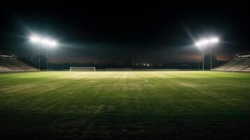 universale erba stadio illuminato di faretti e vuoto verde erba terreno di gioco generativo ai foto