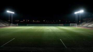 universale erba stadio illuminato di faretti e vuoto verde erba terreno di gioco generativo ai foto