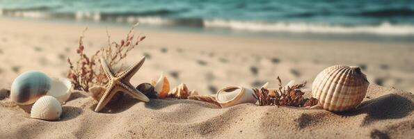 foto di spiaggia vacanza modello sfondo . ai generativo