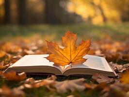 libro su un' foglia con acero albero a sfondo. ai generativo foto