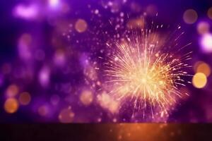 oro e viola fuochi d'artificio e bokeh nel nuovo anno vigilia e copia spazio. astratto sfondo vacanza, ai generativo foto